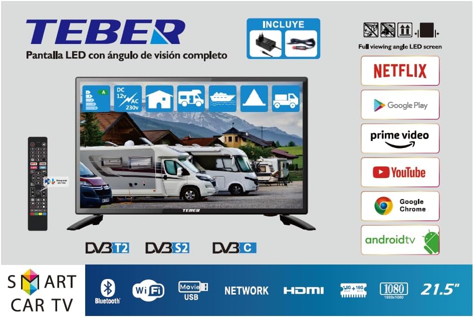 Televisor Smart TV de 22 Pulgadas. con Adaptador de 12v y 230v. Android. Full HD. DVB-S2/C/T2/T. para autocaravanas, Campers, viviendas, caravanas, Barcos. (22 Pulgadas)