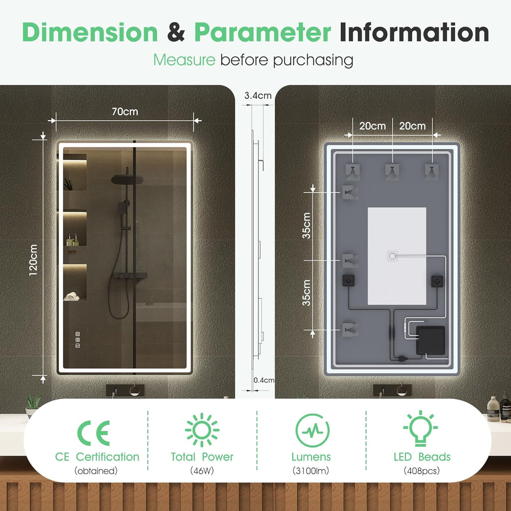 S'bagno Espejo-Baño-con-Luz 120x70cm, Espejo-Baño-LED-Bluetooth con Función Antivaho, 3000K/4000K/6500K, Regulable, Memoria, Cristal Templado HD, IP44-Espejos-de-Baño-con-LED, Horizontal/Vertical
