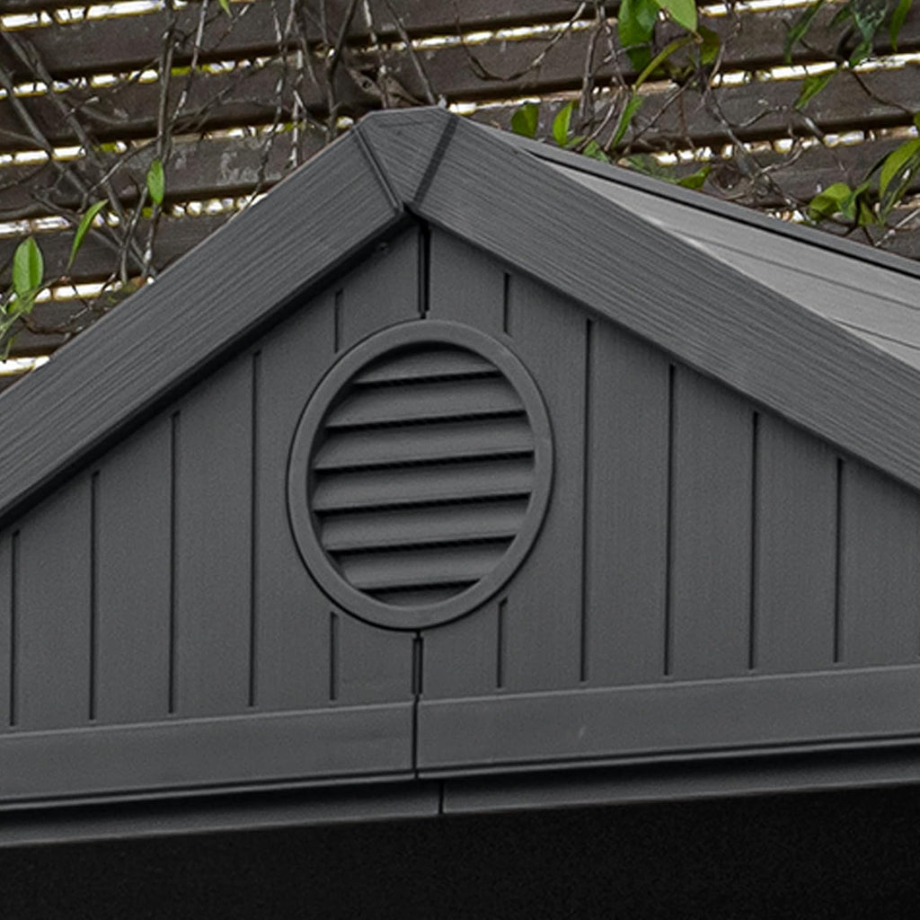 KETER Darwin 4x4 Caseta de jardín, 125.8 x 117 x 205 cm y 1.4 m2, Suelo, Sistema de ventilación, Puerta y Ventana, Resistente al Agua, Color Gris