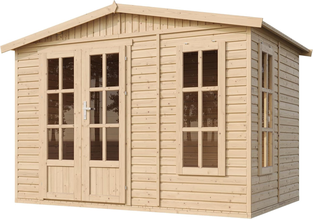 TIMBELA Caseta de jardín de Madera de 6 m2 - Cobertizo Jardin Exterior con Suelo, Ventana, Puerta Doble - Cabaña de jardín para Trabajar en casa - con Tejas bituminosas Verde M334FB+H334FBGREEN