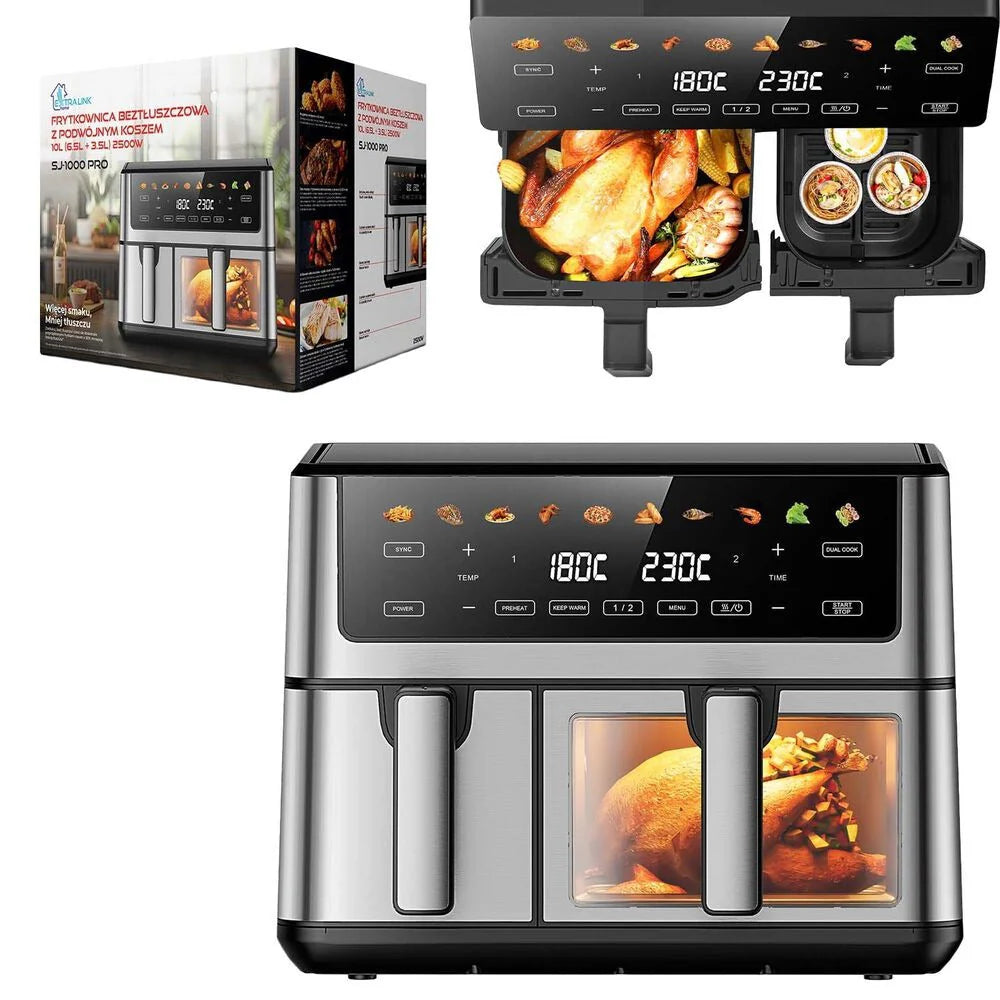 Frytkownica beztłuszczowa z okienkiem Extralink Dual Basket, 2 komory, 2500 W, 6,5 l i 3,5 l, srebrna