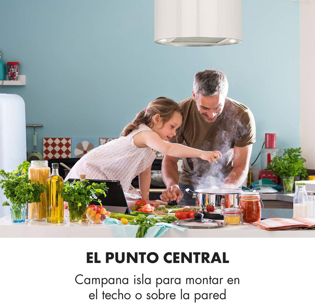 Klarstein Barett - Campana extractora aislada, Ø 35cm, Potencia de 190 W, Ventilación máxima de 590 m³/h, 3 niveles de potencia, CEE B, Iluminación LED, Acero inoxidable cepillado, Blanco