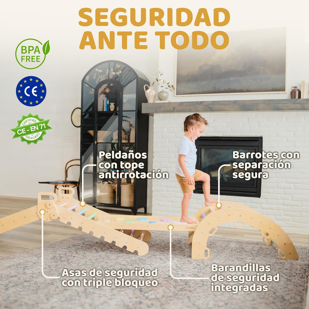 9en1 Montessori triangulo pikler Grande de 1 a 7+ años, 5 ángulos Ajustables, Parque Infantil Exterior y Interior en Madera para la Escalada con Arco pikler y rampa Pickler para niños