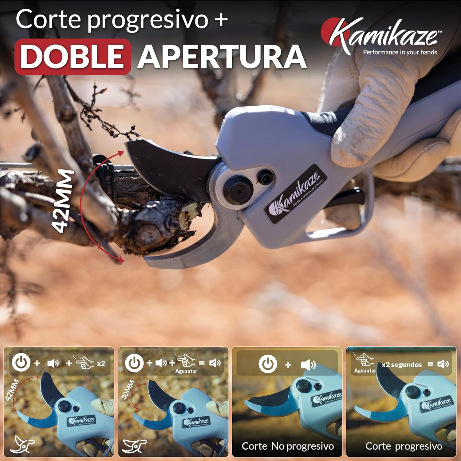 KAMIKAZE KV390 Tijera Eléctrica de Poda Profesional con Batería de Litio 21,6V, Ø35mm de Corte, 2 Baterías y Cargador Triple, Pantalla Inteligente, Kit de Mantenimiento y Maletín de Transporte