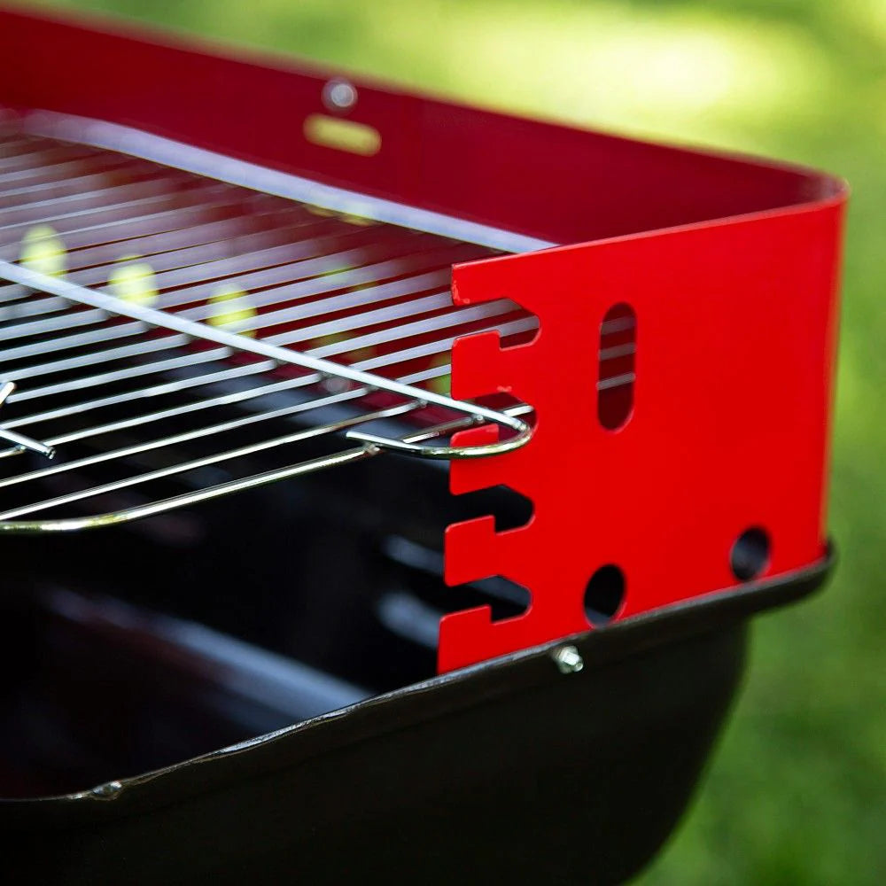 Barbacoa Portátil Carbón Con Cortavientos Y Parrilla Regulable En Altura 42x42x54 Cm - Acero. Negro Y Rojo