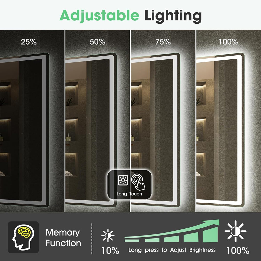 S'bagno Espejo-Baño-con-Luz 120x70cm, Espejo-Baño-LED-Bluetooth con Función Antivaho, 3000K/4000K/6500K, Regulable, Memoria, Cristal Templado HD, IP44-Espejos-de-Baño-con-LED, Horizontal/Vertical