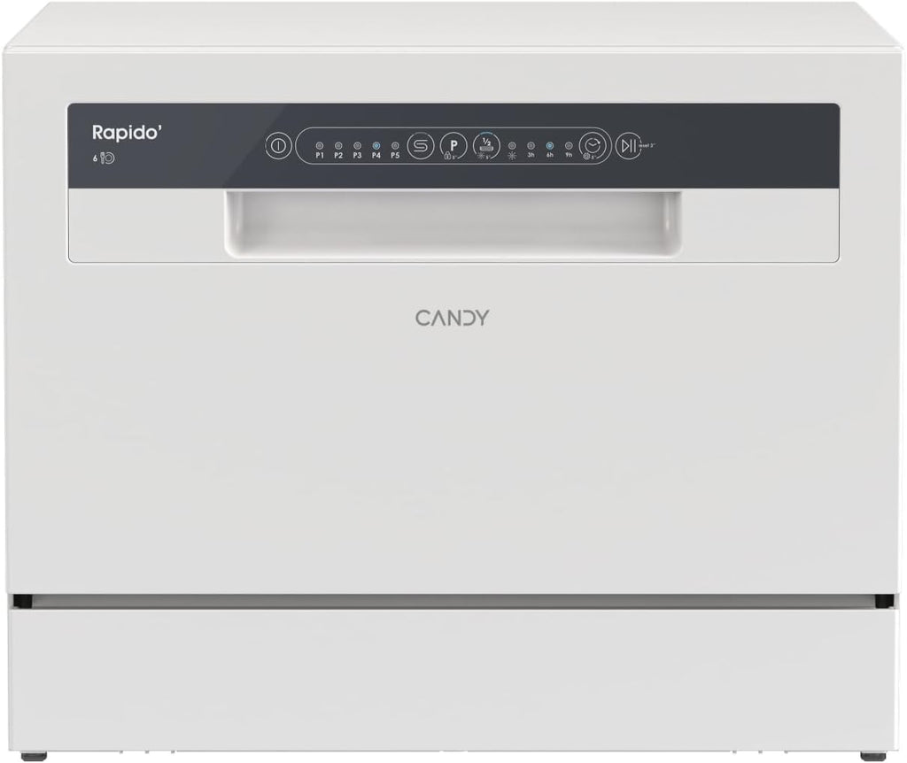 Candy CP 6E51LW Lavavajillas Pequeño y Compacto, 6 Servicios, Digital, 51DBA, 5 Ciclos, Media Carga, Inicio Diferido 3-6-9 horas, Indicador Sal y Abrillantador, Indicador Fin de Ciclo, Blanco