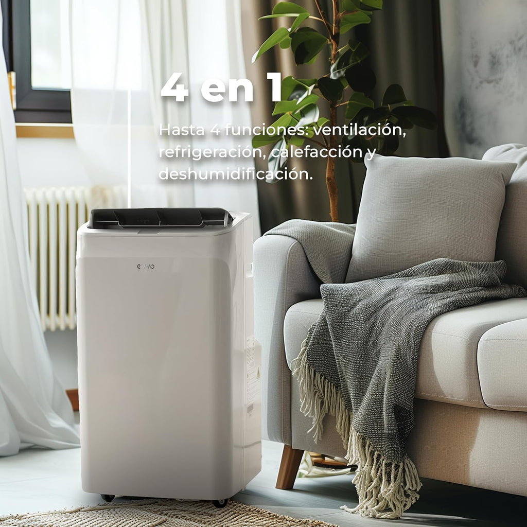 EVVO Aire Acondicionado Portatil Frío y Calor, Clase A, 12.000 BTU, Control Remoto y Temporizador 24h, 4 en 1, Deshumidificador, Ventilación, Hasta 26 m2. (Modelo: CLIMA P12 Frio y Calor)