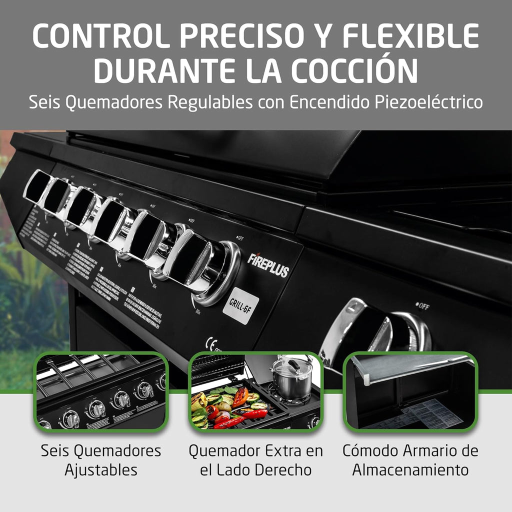 Amig - Barbacoa de gas Fireplus 6+1 de 12,9 kW - Acero inoxidable Negro - Parrilla con ruedas Modelo GRILL-6F - Barbacoa XXL con carro y termómetro - 138x52x103 cm - 7 quemadores y Bandeja lateral