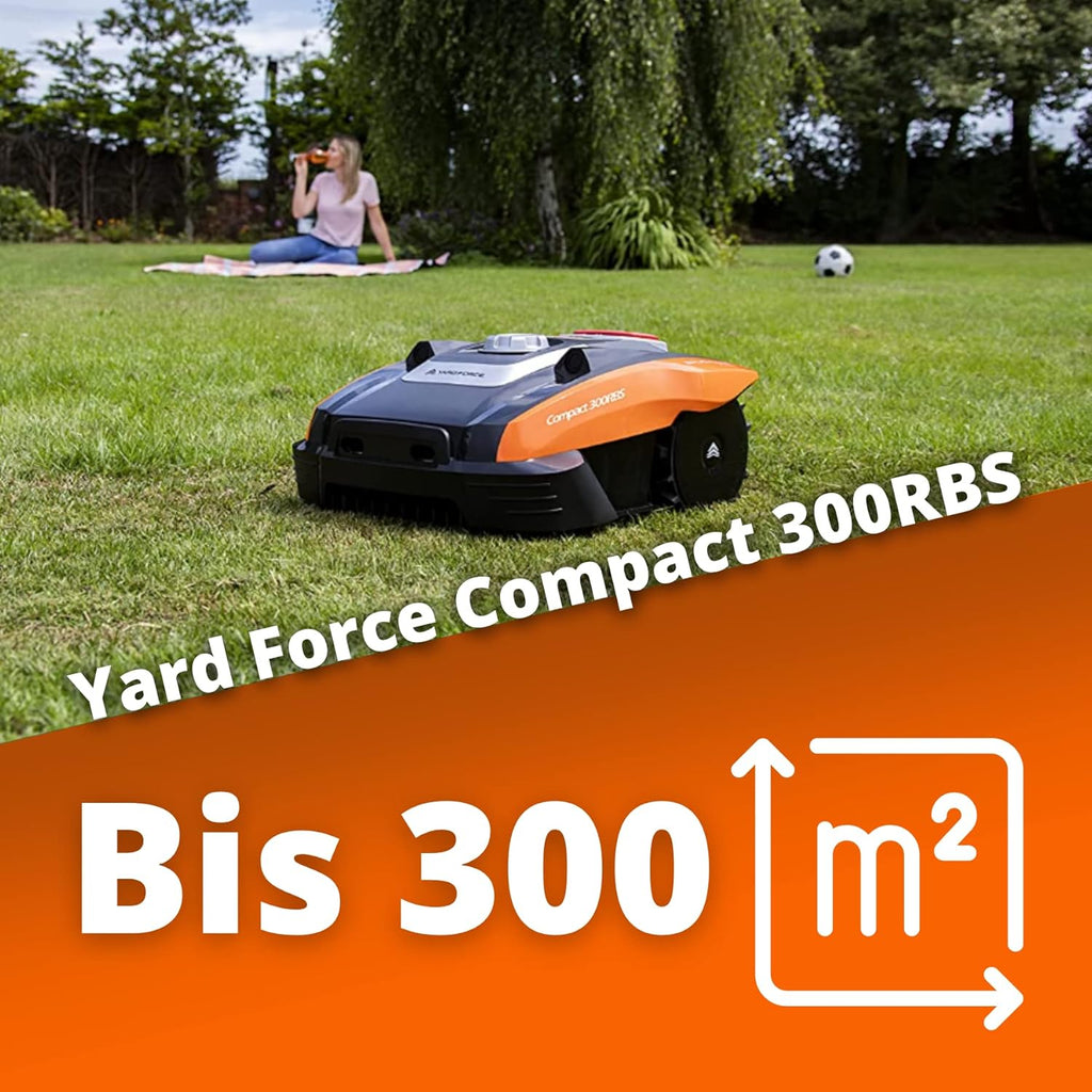 Yard Force Force Compact 300RBS Robot cortacésped hasta 300 m² con control Bluetooth y aplicación, motor sin escobillas, batería 20 V/2,0 Ah, negro/naranja