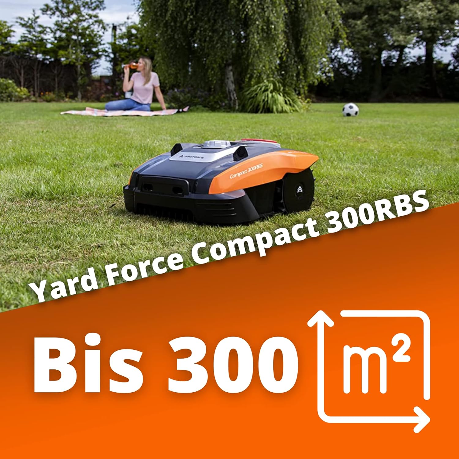 Yard Force Force Compact 300RBS Robot cortacésped hasta 300 m² con control Bluetooth y aplicación, motor sin escobillas, batería 20 V/2,0 Ah, negro/naranja