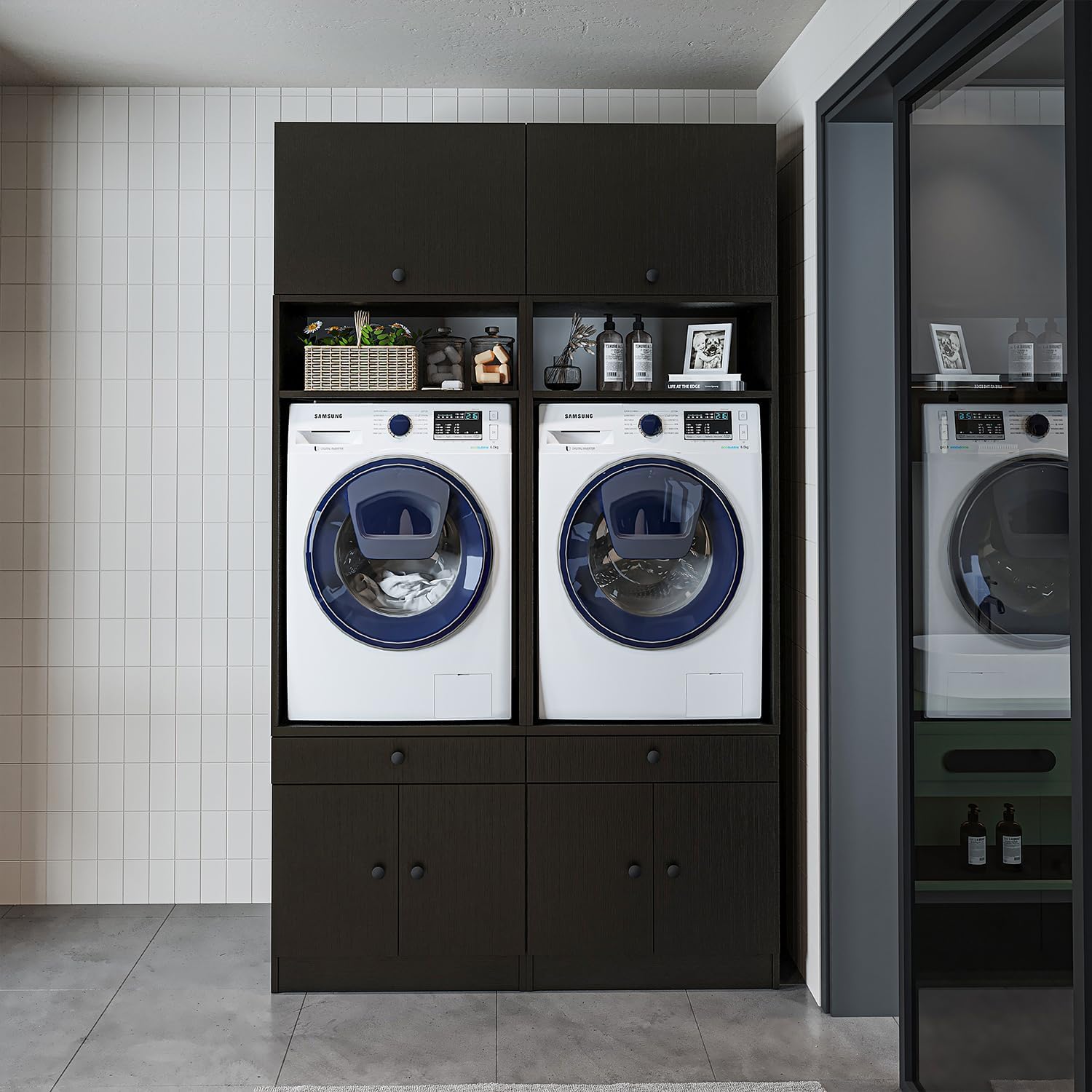 • Armario para lavadora con placa extraíble • Ahorro de espacio • Práctico • Ideal para lavadero (roble negro, 2 x armarios + 2 x accesorios (230 cm de alto)