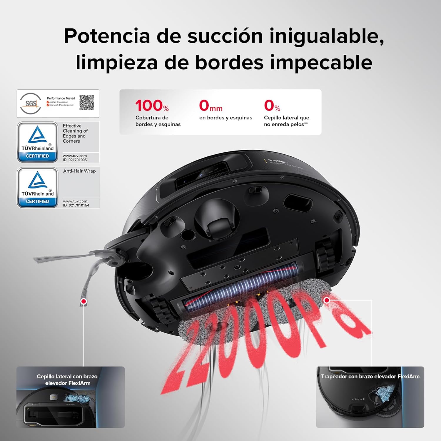 roborock Saros Z70 Robot Aspirador con Brazo Mecánico OmniGrip Plegable de 5 Ejes, Succión de 22000 Pa, Doble Sistema antienredos, Diseño Ultrafino de 7,98 cm y Evitar 108 Tipos de Obustáculos, Negro