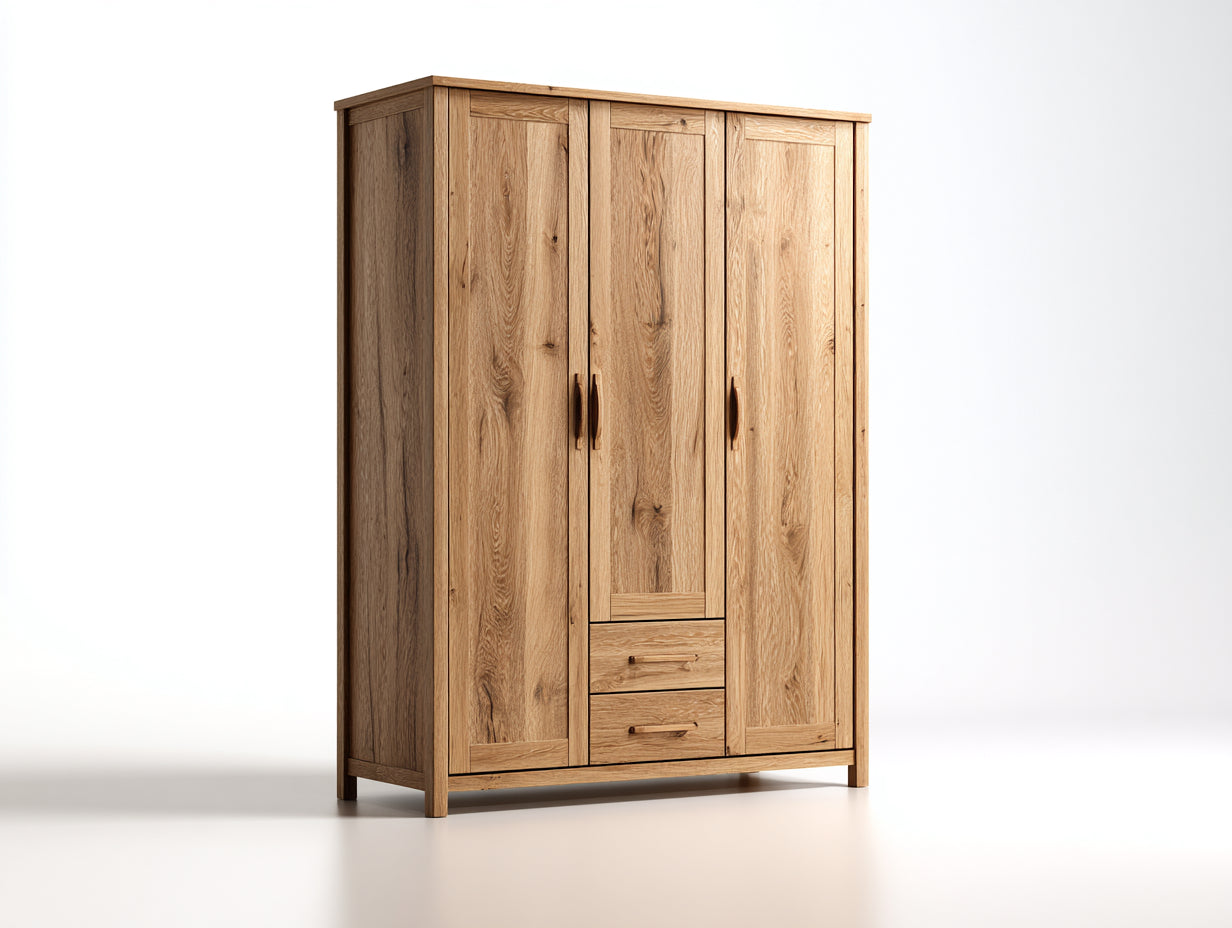 Armarios de tres puertas de madera con cajones 160x60x200 cm roble - diseño natural - para dormitorio