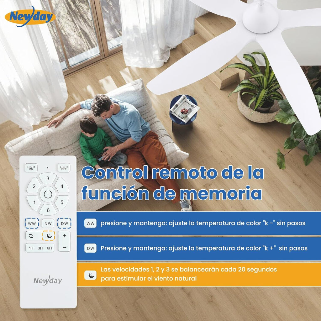 Newday 153cm Grande Ventilador de Techo Blanco con Luz y Mando a Distancia, LED Dimmer, Motor DC reversible para uso en verano e invierno, 5 aspas Silencioso para Dormitorio Sala de estar del Balcón
