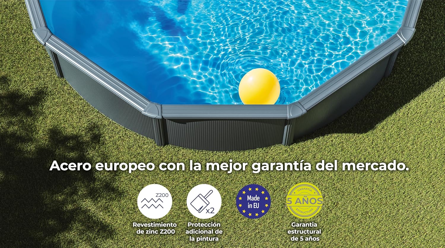 Gre KIT240GF Piscina de Acero Elevada, Redonda con Aspecto Acero Grafito, Piscinas Desmontables para Jardín, 240 x 120 cm, Kea
