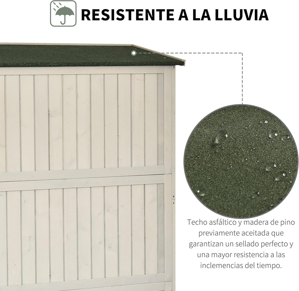 Outsunny Cobertizo de Madera Caseta Exterior Armario Herramientas de Jardinería Doble Puertas Techo Impermeable Compartimientos de Diferentes Tamaños 127.5x50x164cm Madera Maciza