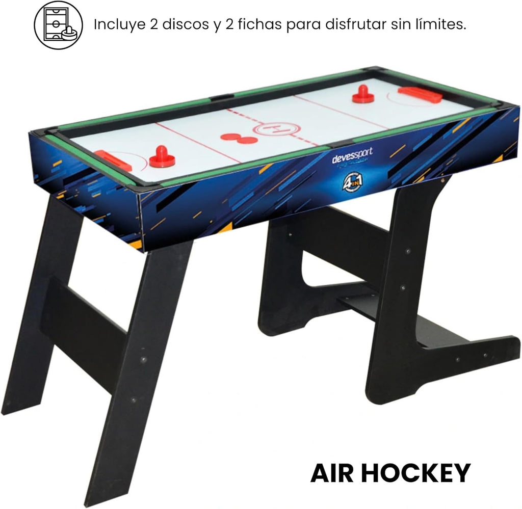 DEVESSPORT Multijuego Plegable 4 en 1 Sport Arena | Futbolín, Billar, Air Hockey y Ping Pong | Mesa de Juegos Multijuegos Plegable con Accesorios Incluidos
