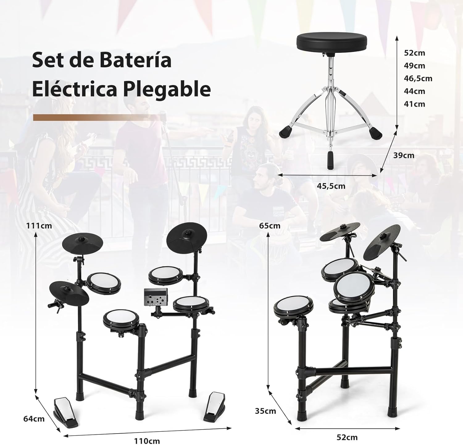 GOPLUS Batería Electrónica Completa Plegable con 150 Sonidos, Pads de Malla, Platillos de Silicona, 10 Canciones, 9 Tipos de Metrónomo, USB Midi, 2 Pedales, 2 Baquetas, Asiento Ajustable