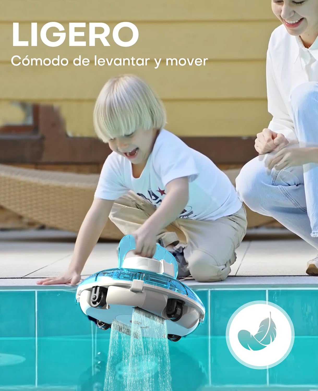 WINNY POOL CLEANER Winny 200 Limpiafondos Piscina, Inalámbrico Robot Limpiafondos Piscina, 75Min Autonomía, Piscinas Desmontables 60m², Doble Filtración, Estacionamiento Auto(Transparente Azul-Blanco)
