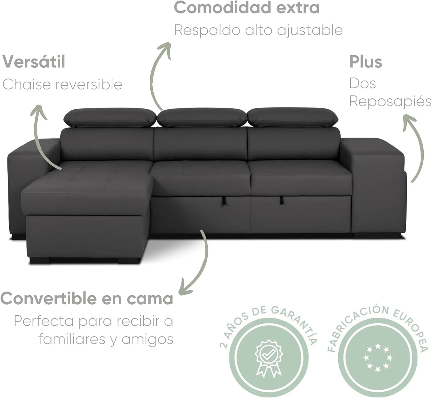 BUDWING John Sofá Cama Esquinero 4 Plazas - Chaise Longue Reversible, Reposacabezas Ajustable y 2 Pufs – Tapizado en Poliuretano – Estilo Moderno – 263x161x96 cm – Negro