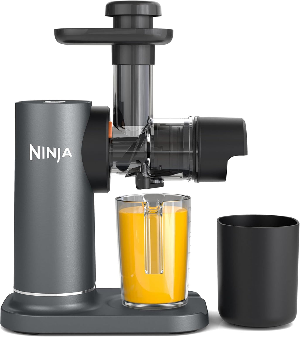 Ninja Licuadora de prensado en frío con jarra de 700 ml y recipiente para pulpa de 1,1 l para zumos y bebidas saludables, compacto, partes desmontables aptas para lavavajillas, gris, JC151EU