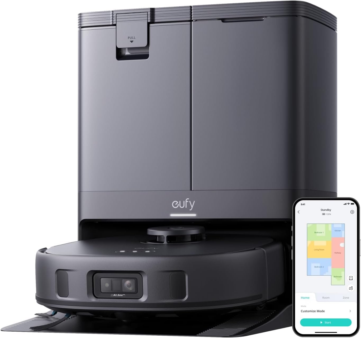 eufy X10 Pro Omni Robot Aspirador con Base Autovaciado y Mopas Giratorias, Mopa Doble con Elevación Automática de 12 mm, Detección de Alfombras, Antiobstáculos AI, Lavado y Secado automático, Negro