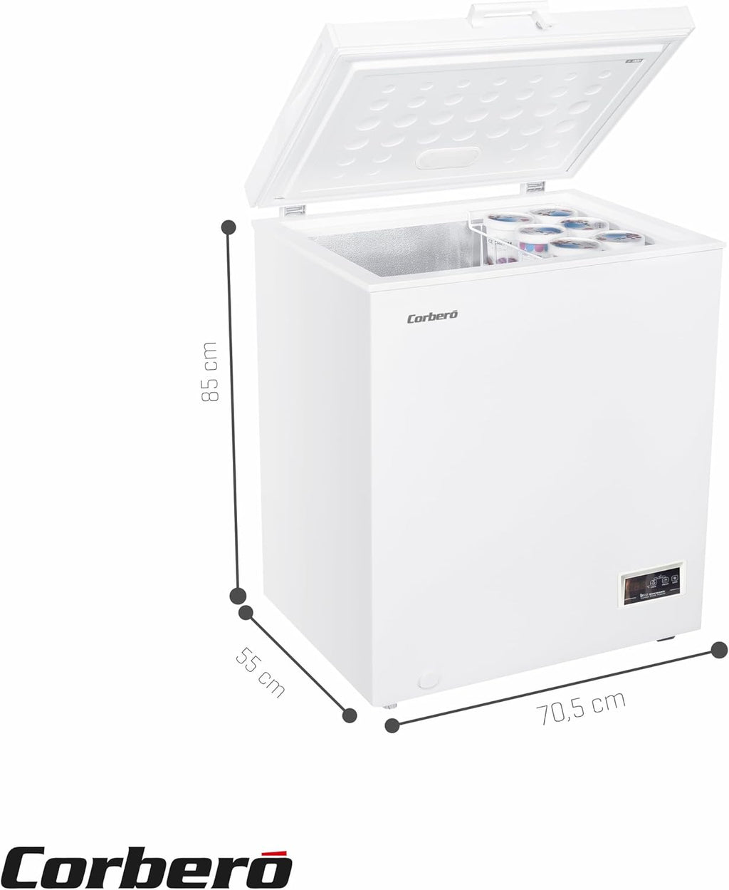 Corbero - Congelador Arcón 142L | CCHH15024E | Control Electrónico con Display | Luz LED | Tirador | 1 Cesta Interior | 2 Ruedas | 2 Patas Ajustables | 40 Db | Eficiencia Energética E | Blanco