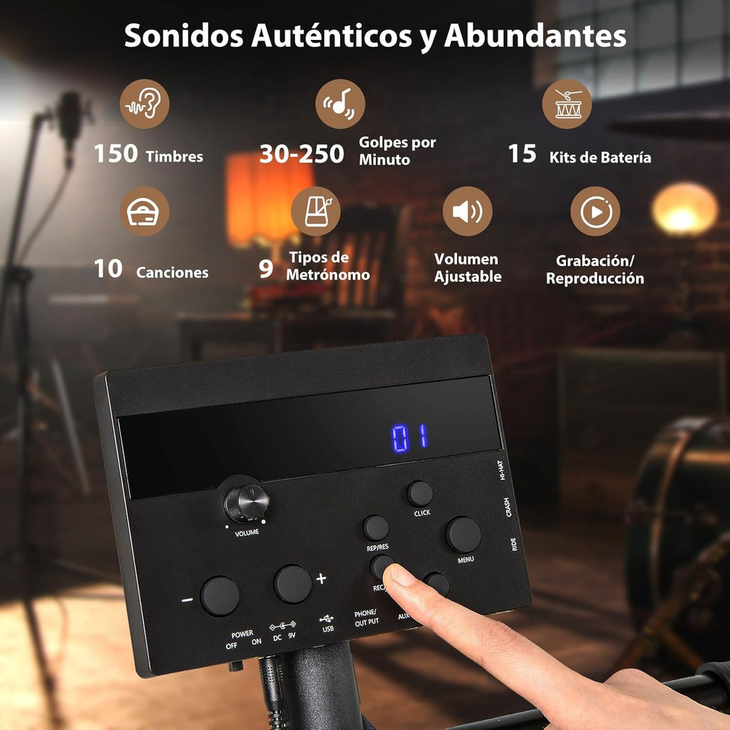 GOPLUS Batería Electrónica Completa Plegable con 150 Sonidos, Pads de Malla, Platillos de Silicona, 10 Canciones, 9 Tipos de Metrónomo, USB Midi, 2 Pedales, 2 Baquetas, Asiento Ajustable