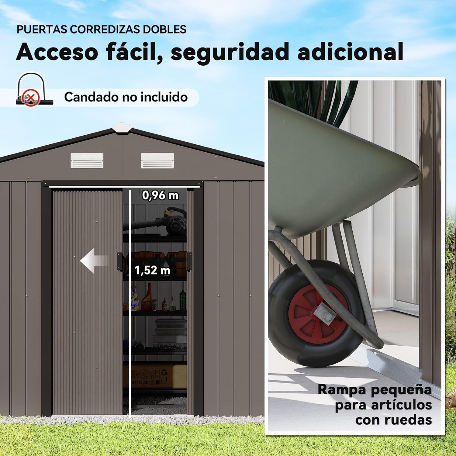 Outsunny Caseta de Jardín Exterior, 5 m² 277x195x192 cm, Cobertizo de Jardín Exterior Metálico con 2 Puertas Correderas, Base Refuerzo (Suelo NO Incluido) y 4 Ventanas, Marrón
