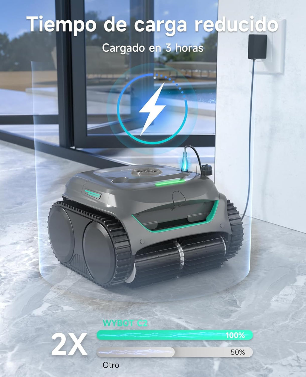 WYBOT C2 Limpiafondos Piscina, Robot Limpiafondos Piscina Inalámbrico 150㎡, Doble Filtración, 3 Motores, Succión Potente, Limpieza Paredes & Línea de Agua, 180 Min, App(Gris-Verde Gris)