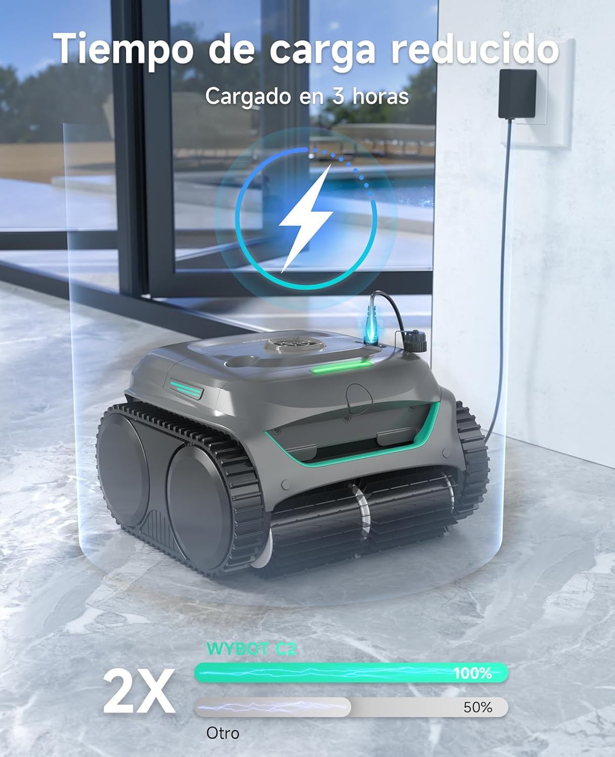 WYBOT C2 Limpiafondos Piscina, Robot Limpiafondos Piscina Inalámbrico 150㎡, Doble Filtración, 3 Motores, Succión Potente, Limpieza Paredes & Línea de Agua, 180 Min, App(Gris-Verde Gris)