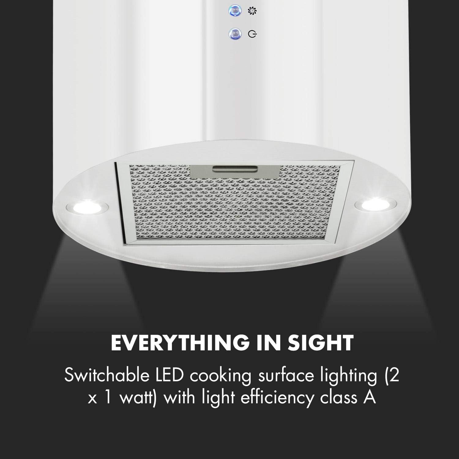 Klarstein Barett - Campana extractora aislada, Ø 35cm, Potencia de 190 W, Ventilación máxima de 590 m³/h, 3 niveles de potencia, CEE B, Iluminación LED, Acero inoxidable cepillado, Blanco