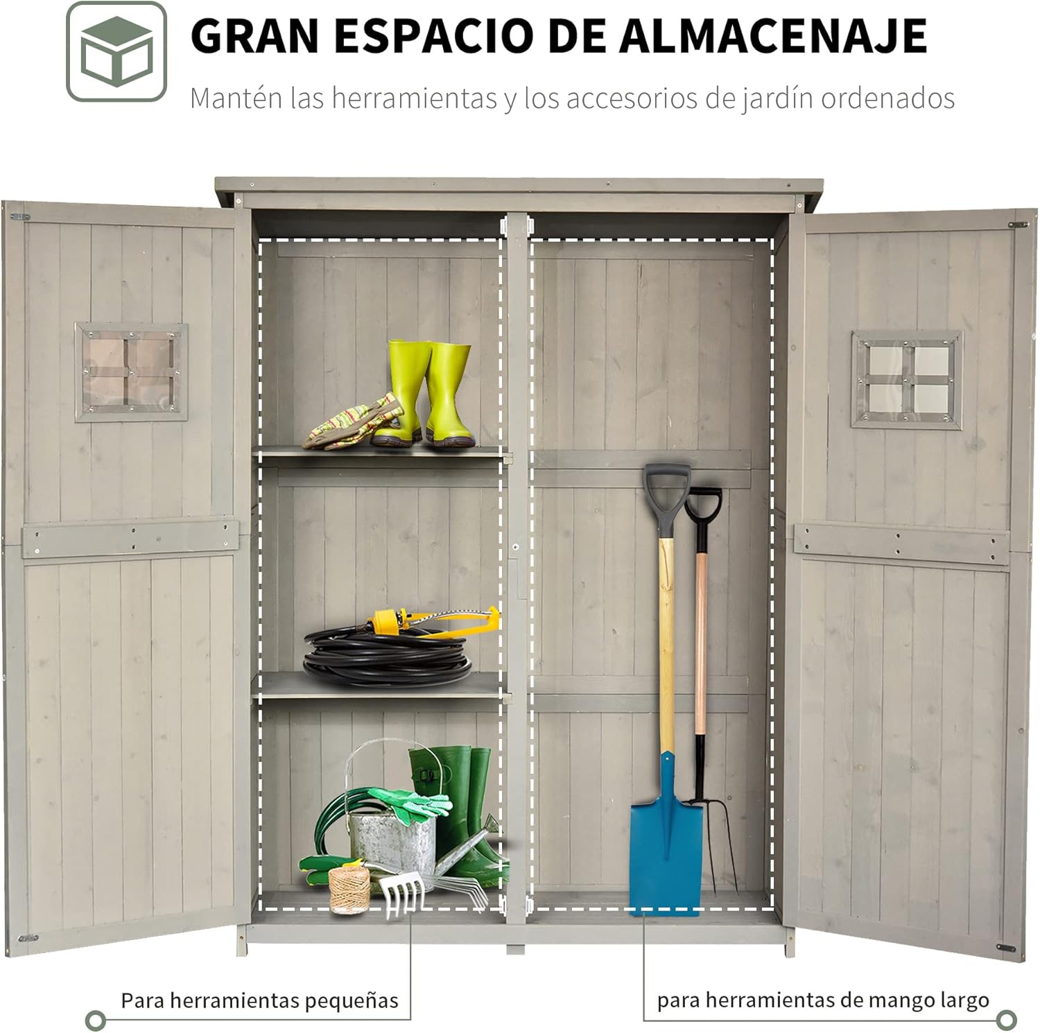 Outsunny Cobertizo de Madera Caseta Exterior Armario Herramientas de Jardinería Doble Puertas Techo Impermeable Compartimientos de Diferentes Tamaños 127.5x50x164cm Madera Maciza