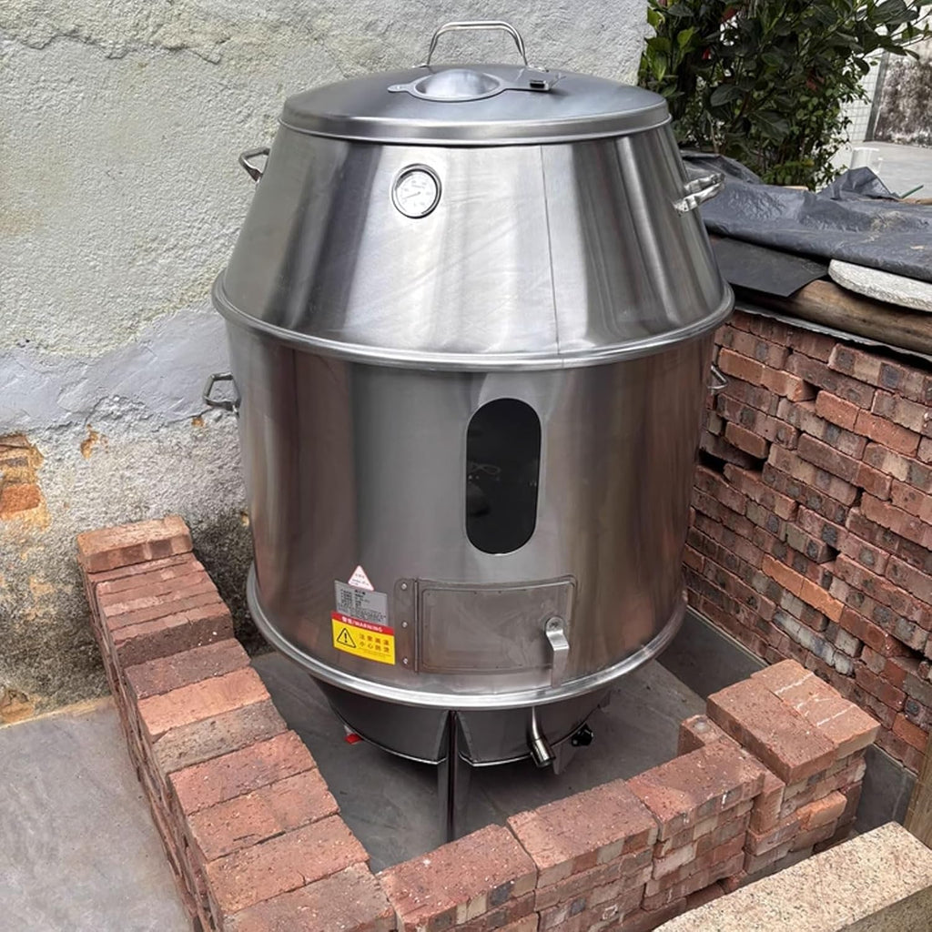 Ahumador Asador Barril Gran Capacidad Fabricado en Acero Inoxidable Totalmente Lavable Horno Circular Colgante De 360° Con Termómetro Y Puerta Central Barbacoa Portatil