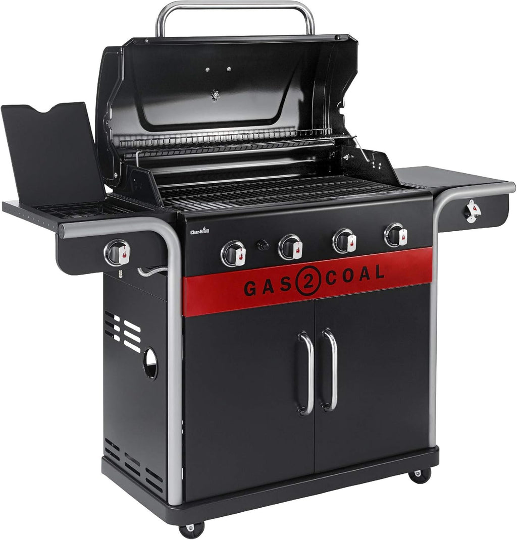 Char-Broil Barbacoa de Gas Gas2Coal 2.0 440 - Barbacoa híbrida de 4 quemadores con 2 bandejas para carbón patentadas, 2 grandes puertas - Ideal para cocinar al aire libre, jardín y patio