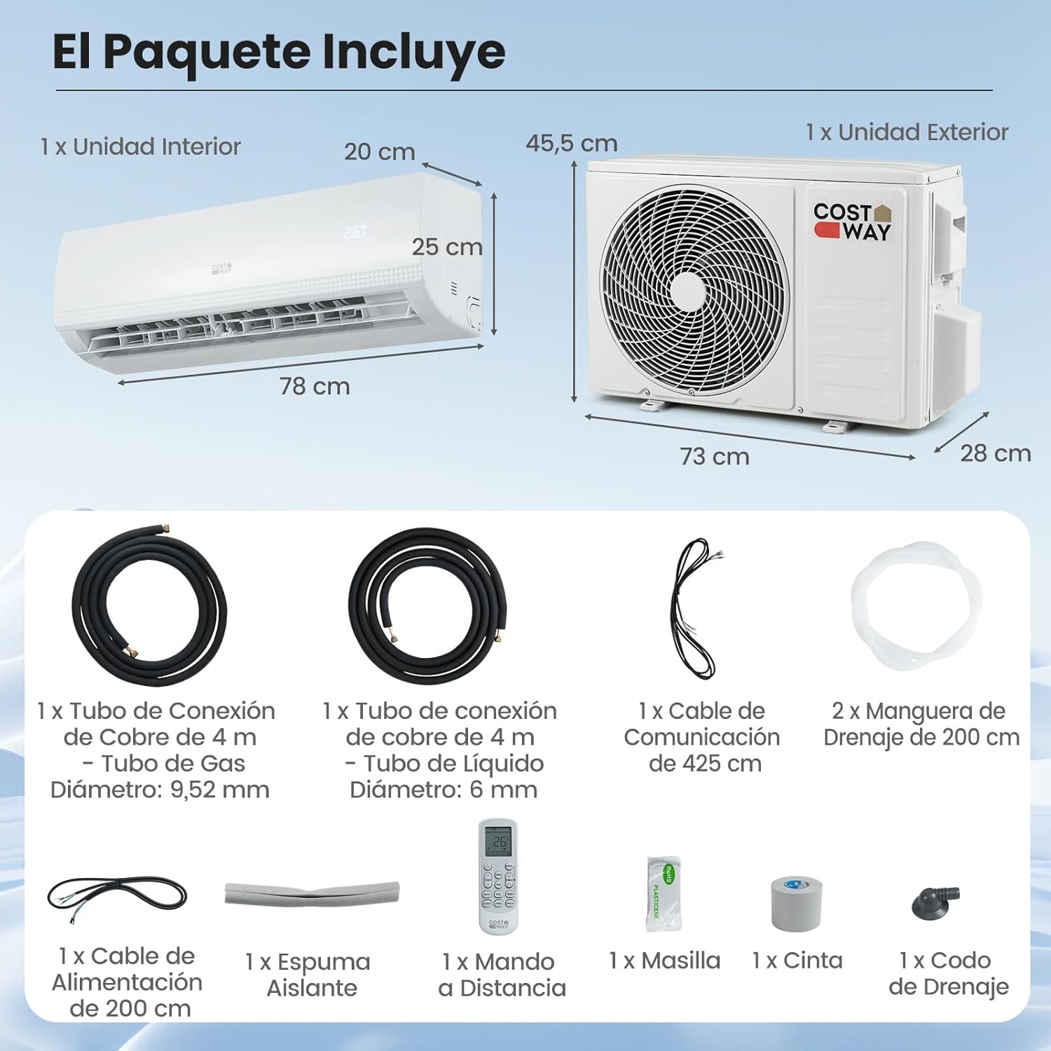 COSTWAY Aire Acondicionado Split, 2,6 kW, Aire Acondicionado con Calefacción con Bomba de Calor,Refrigerante: R32, Calefactor y Refrigerador con Kit de Instalación para Habitación hasta 70m³ (9000BTU)