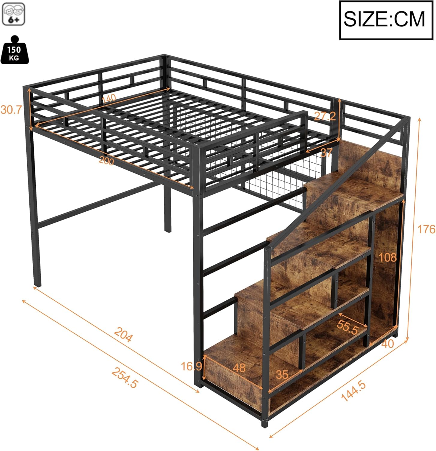 Cama alta (140 x 200 cm), marco de hierro, armario, escalera de almacenamiento, rejilla para colgar objetos, espacio libre debajo de la cama, luces LED de 7 colores, sin colchón, color negro