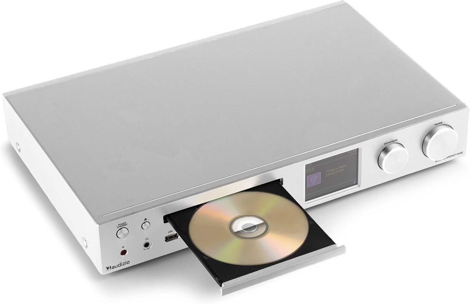 Audizio Bolzano - Radio Internet Dab+ y FM WLAN Bluetooth, Reproductor CD, Spotify Connect, Despertador, 40.000 emisoras, Mando a Distancia y Control por App, conexión Toslink y subwoofer, Plateada