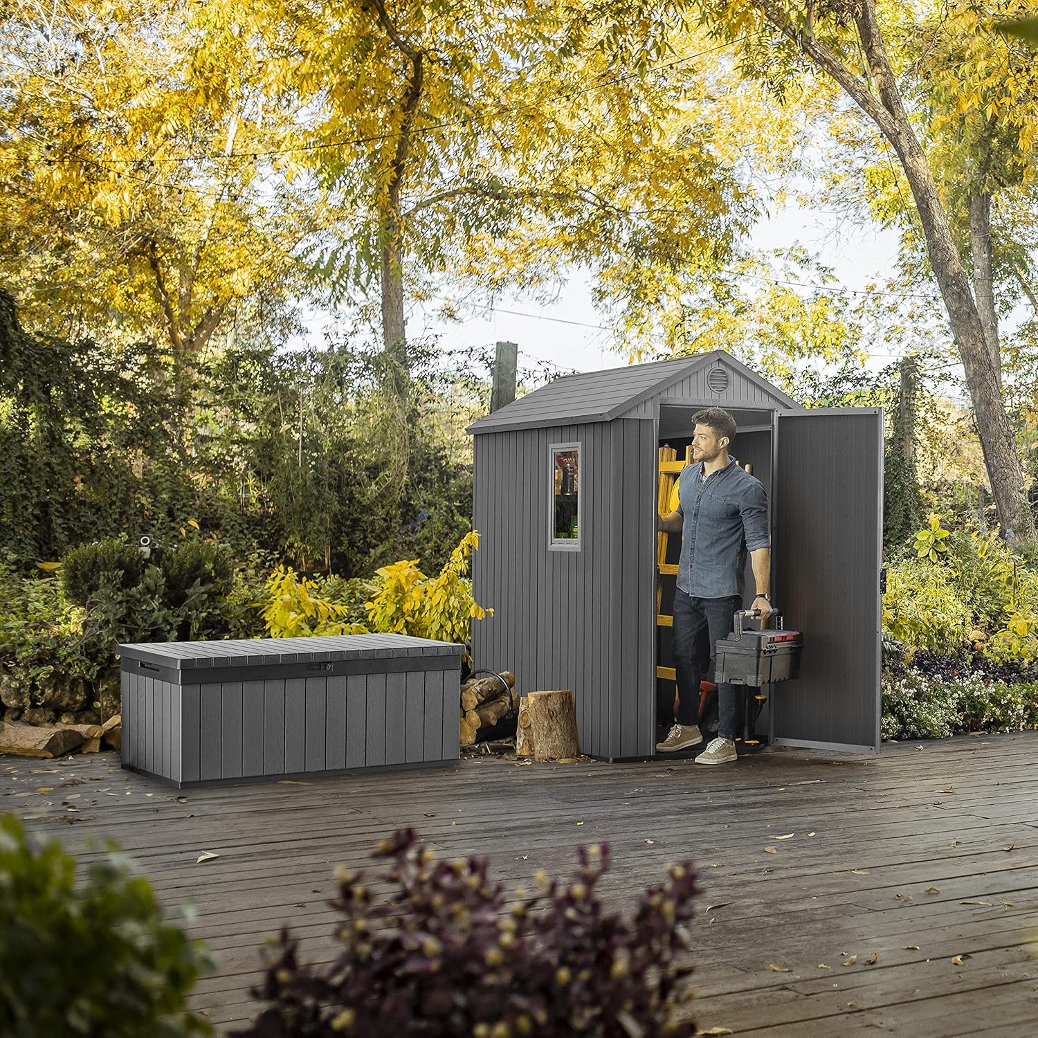 KETER Darwin 4x6 Caseta de jardín, 125.8 x 184.5 x 205 cm y 2.2 m2, Suelo, Sistema de ventilación, Puerta y Ventana, Resistente al Agua, Color Gris