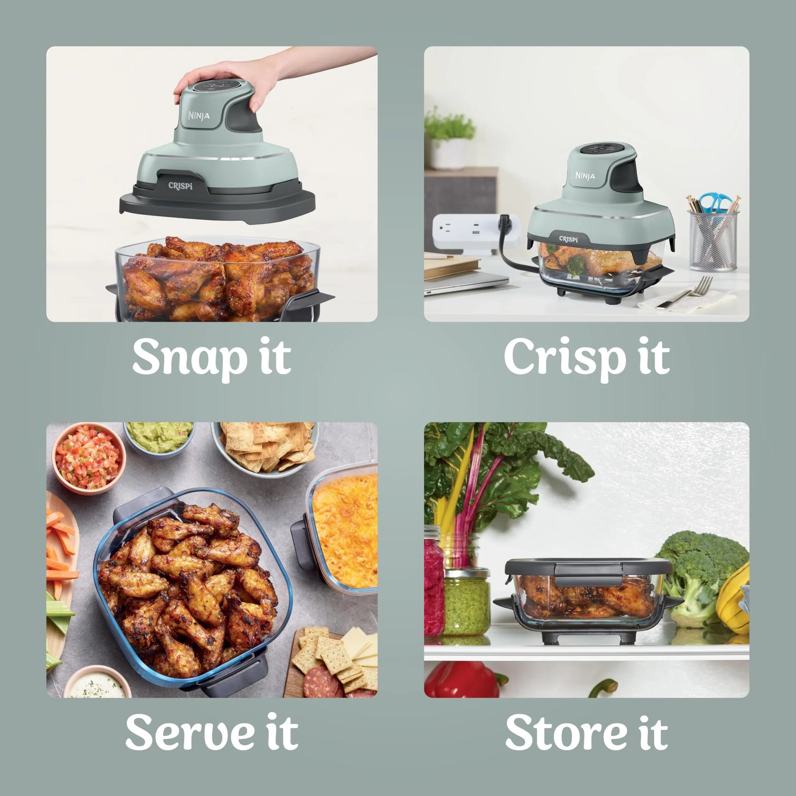 2026 Ninja Crispi Freidora de Aire Caliente, Compatible con Microondas, Congelador y Lavavajillas, Sistema de Cocina Portátil en Vidrio No Tóxico, Recipiente de Vidrio de 1,5 L con 6 Tazas y Tapas