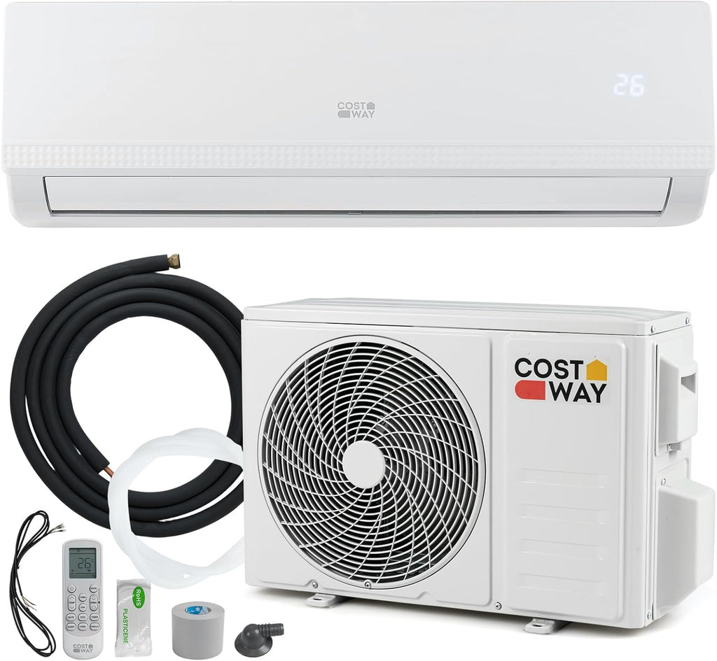 COSTWAY Aire Acondicionado Split, 2,6 kW, Aire Acondicionado con Calefacción con Bomba de Calor,Refrigerante: R32, Calefactor y Refrigerador con Kit de Instalación para Habitación hasta 70m³ (9000BTU)