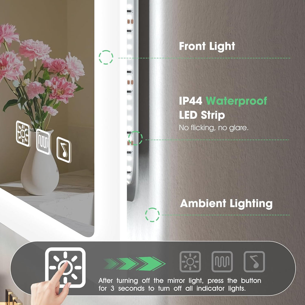 S'bagno Espejo-Baño-con-Luz 100x70cm, Espejo-Baño-Led-Bluetooth, Antivaho, 3 Colores, Regulable, Memoria, Vidrio Templado HD, Resistente Al Agua IP44, Vertical/Horizontal
